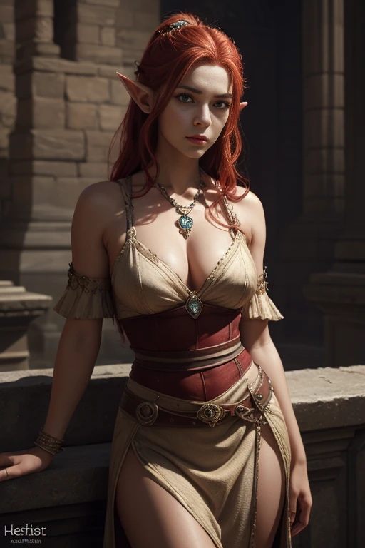 ((best quality)), ((masterpiece)),((detailed)), 1 elf girl with red hair, redhair, green pupils, focus on face, eighteen years old, sexy, sensual, long legs, athletic body, well-toned body, skinny body, fullbody, large breasts, skinny thighs, slim, medium hair, long eyelashes, elf ears, medieval street, medieval setting, medieval people in the back, (((hands tied))), metal cuffs, blushing girl, sweat on the body, standing, (((blushing face))), (((metal slave collars))), (((chain leash))), crying face, frontal, no clothes, no panties, no bra, naked, ((naked woman)), ((nude)), (((arms behind back))), sweat on body, wet body, humiliation, public humiliation, ((anxious face))