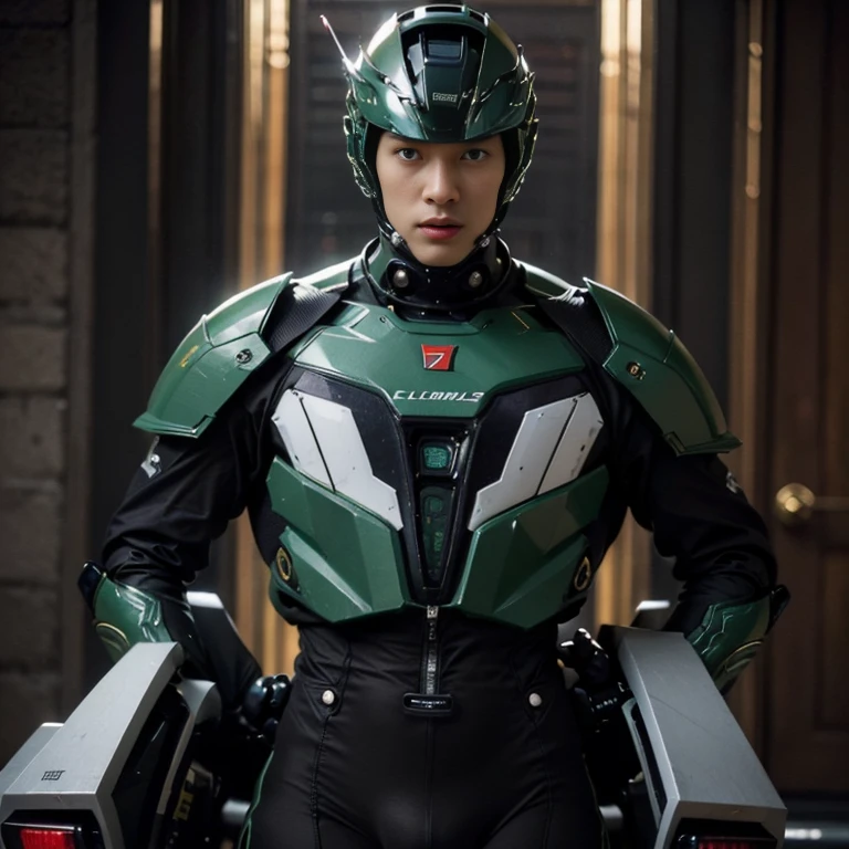 Highest image quality, outstanding details, ultra-high resolution, (realism: 1.4), the best illustration, favor details, highly condensed 1boy, with a delicate and handsome face, dressed in a black and green mecha, wearing a mecha helmet, riding on a motorcycle, the background is a high-tech lighting scene of the future city, (bare thighs ,  sexy. Nsfw , eroticism , wide hips , full length shot(fls))