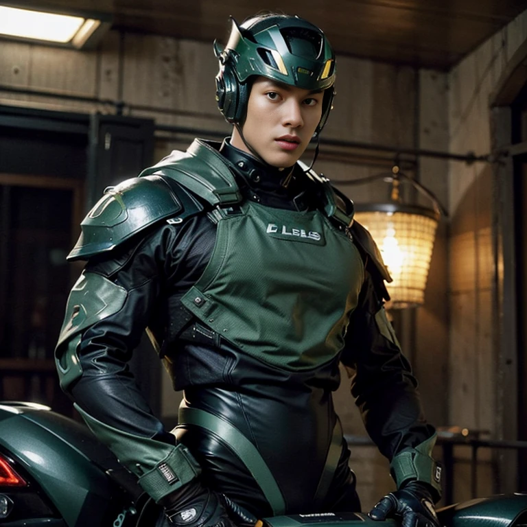 Highest image quality, outstanding details, ultra-high resolution, (realism: 1.4), the best illustration, favor details, highly condensed 1boy, with a delicate and handsome face, dressed in a black and green mecha, wearing a mecha helmet, riding on a motorcycle, the background is a high-tech lighting scene of the future city, (bare thighs , sexy. Nsfw , eroticism , wide hips , full length shot(fls))