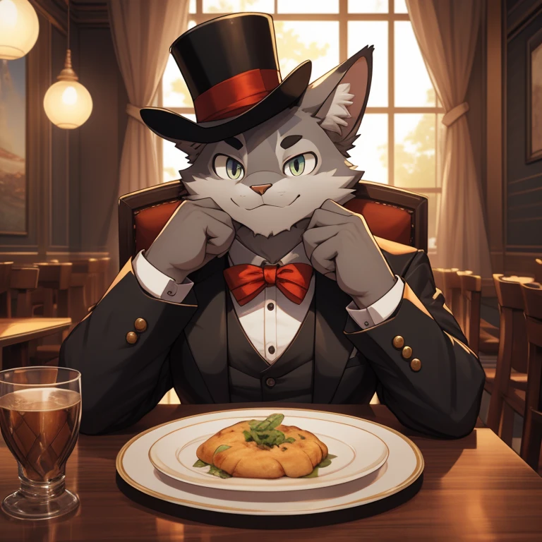 A gray cat with a top hat sits leisurely in a cozy restaurant setting. The full-bodied feline figure exudes a befuddled yet pleased expression on its delicate face, adorned with expressive, bright, and detailed eyes. The 3D render of this anthropomorphic gray cat, named Gato, is masterfully crafted, showcasing the highest quality and intricate details of his bulky and muscular build. The hat resting on his head adds to his quirky, trending appearance. The cozy, bright room sets the perfect atmosphere for this unmistakably masculine and happy character. He sits alone at a table, turning towards the viewer with a wel