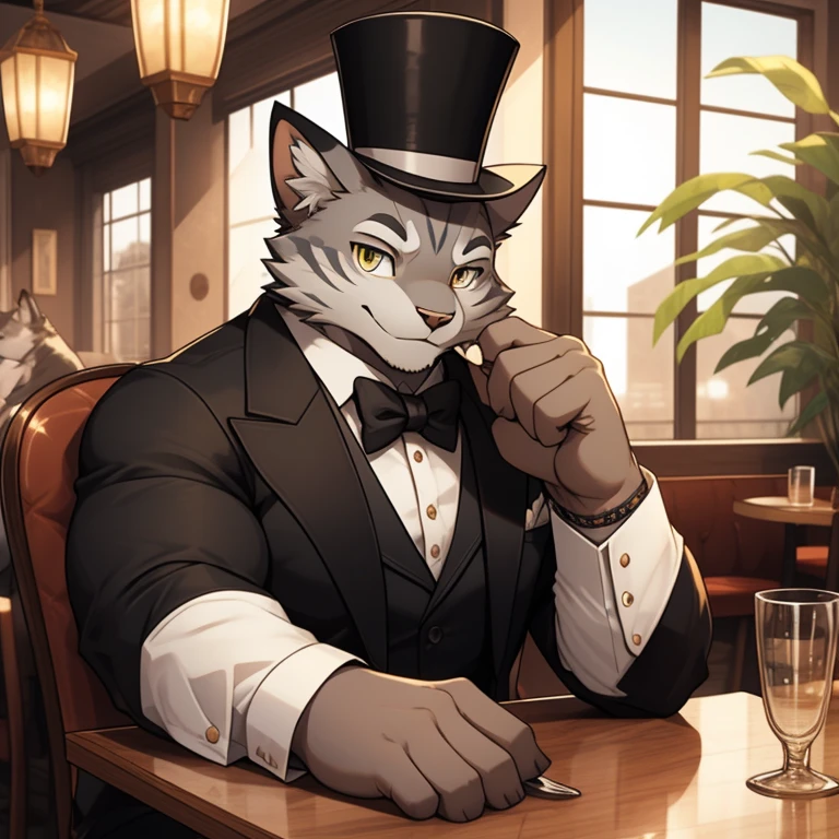 A gray cat with a top hat sits leisurely in a cozy restaurant setting. The full-bodied feline figure exudes a befuddled yet pleased expression on its delicate face, adorned with expressive, bright, and detailed eyes. The 3D render of this anthropomorphic gray cat, named Gato, is masterfully crafted, showcasing the highest quality and intricate details of his bulky and muscular build. The hat resting on his head adds to his quirky, trending appearance. The cozy, bright room sets the perfect atmosphere for this unmistakably masculine and happy character. He sits alone at a table, turning towards the viewer with a wel