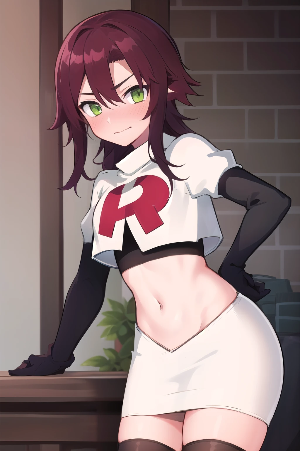 masterpiece, absurdres, Shikanoin Heizou, green eyes,male focus, trap, crossdressing,1boy,team rocket,team rocket uniform,white skirt,red letter R,crop top,black thigh-highs,black elbow gloves, embarrassed, blush