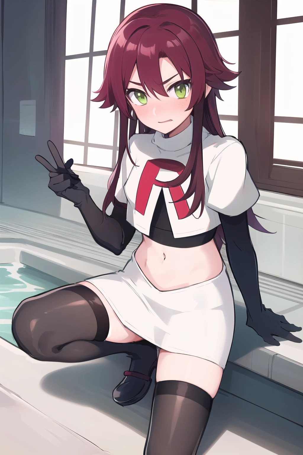 masterpiece, absurdres, Shikanoin Heizou, green eyes,male focus, trap, crossdressing,1boy,team rocket,team rocket uniform,white skirt,red letter R,crop top,black thigh-highs,black elbow gloves, embarrassed, blush