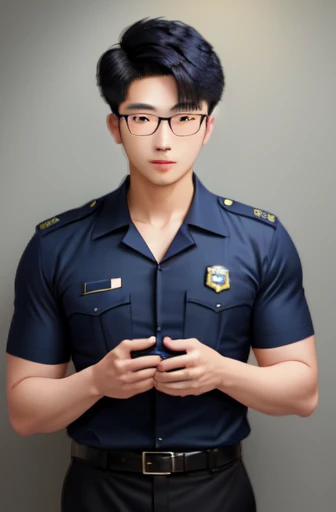 [master piece], [a handsome chinese guy], [pretty younng], ((21 years old)), [black hair], glasses, dressed as a police officer, navy blue uniform, asian hair cut, [Asian features], 