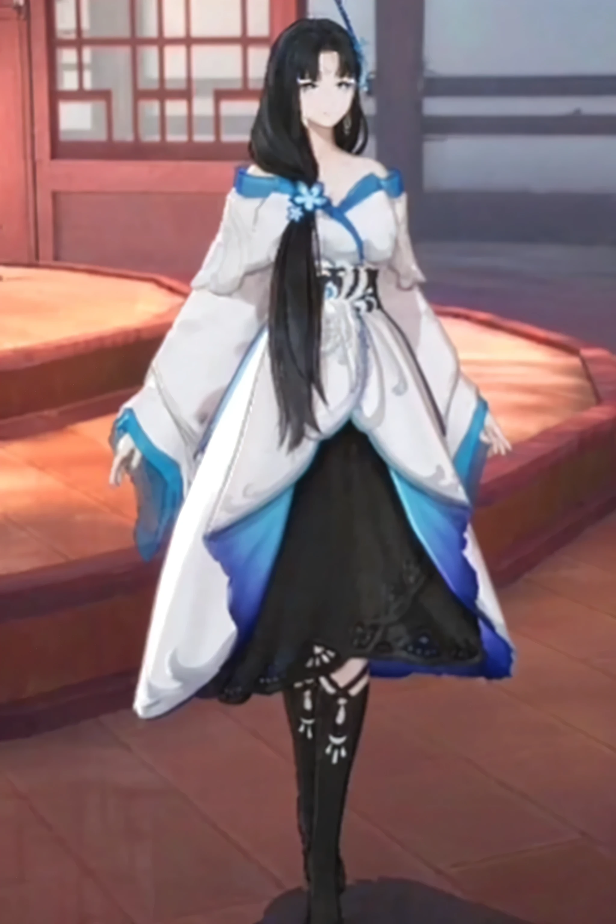 A blue and white dress comes with the wind，Blue Butterfly。Clouds of hair falling，Blue feathers nestled in the hair，Eyes like cold stars and autumn water，The blue hairpin is printed between the eyebrows of the cage。
