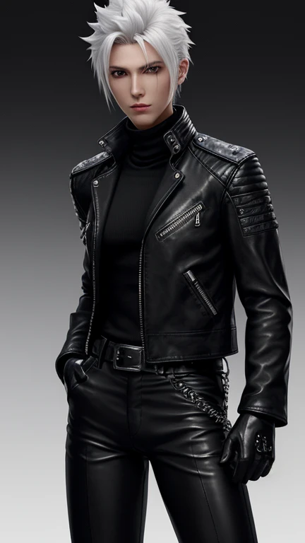Final Fantasy-style graphics, young, Cute and cool Japanese boys, Thin eyebrows and big eyes, He is wearing a shiny white single-breasted leather jacket.。., with epaulettes, The jacket is zipped up, The jacket pockets are black., The jacket has a high stand-up collar with a belt, Also wearing a black turtleneck, black leather pants, Thin black leather gloves on both hands, Black leather knee-high lace-up boots, Head to Toe, Please show me your whole body, Final Fantasy Style、good looking、Clear eyes and nose、((Shiny white single-breasted leather jacket))、((The jacket has epaulettes))、((The jacket has a stand-up collar and a belt))、((The jacket has a black pocket))、((Black turtleneck shirt))、((光沢のあるblack leather pants))、((Shiny black leather gloves on both hands))、((Black lace-up leather long boots))、((Head to Toe表示))、Realistic image quality and texture、In a small cell、close your eyes、A kind smile、((The jacket is closed with a zipper))