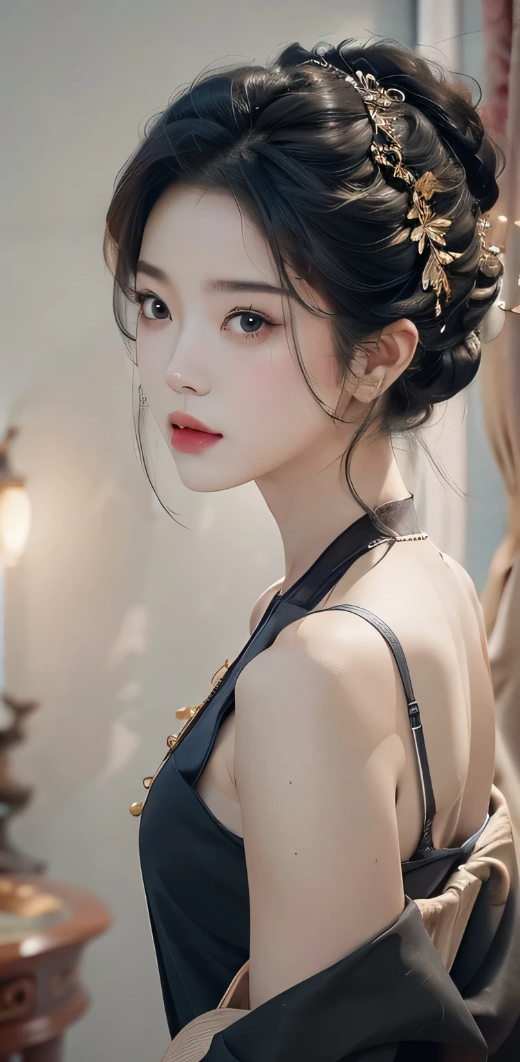 masterpiece, 1 beautiful girl, Exquisite eyes, Double eyelids, Eye bags，top quality, Ultra high resolution, (Reality: 1.4), original photo, , Movie Lighting, Naka Himself, Asian Beauty, Korean, very beautiful, beautiful skin, slim, Body facing forward, (Surreal), (high resolution),, (Very detailed),  (Beautifully detailed eyes), (Ultra Detailed), Delicate face, Looking at the audience, Face straight ahead, Neat clothes, sleeveless, short hair, Black Hair, 46 points side bangs, White background, tidy room,