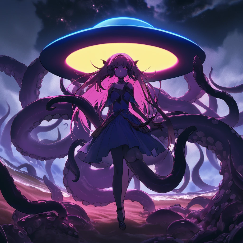 (scifi, horror)"(best quality,4k,highres),
A lovely woman (25, athletic, busty, golden ratio figure, random race, brightly colored hair, dressed appropriate to the scene),awakened rudely [on the beach] (panic and struggle),
A UFO hovers nearby, an neon gelatinous Eldritch tentacle (very large, octopus like, many large tentacles) alien has the woman,
enthusiastically exploring and enveloping her, moving the woman towards the UFO [otherworldly lights] (damsel abduction),
night time beach,
(strong contrast) between darkness and UFO lights"