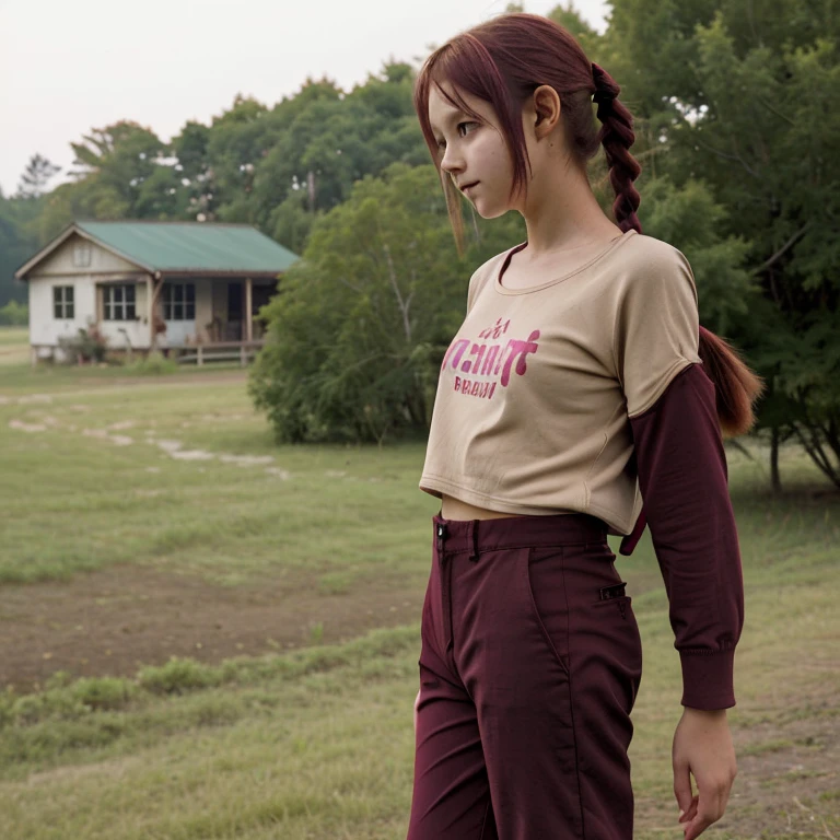 a  girl with cute cute ponytail, wear maroon clothes and shortpants in a rural