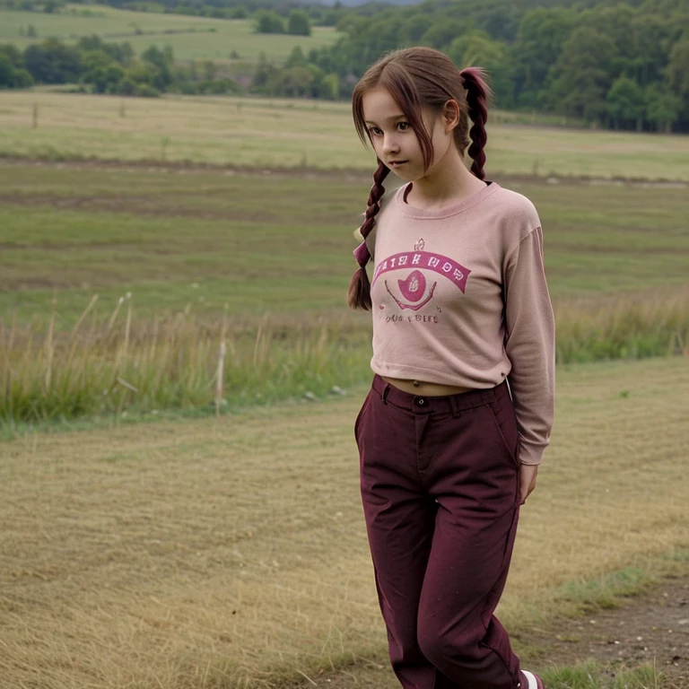 a girl with cute cute ponytail, wear maroon clothes and shortpants in a rural