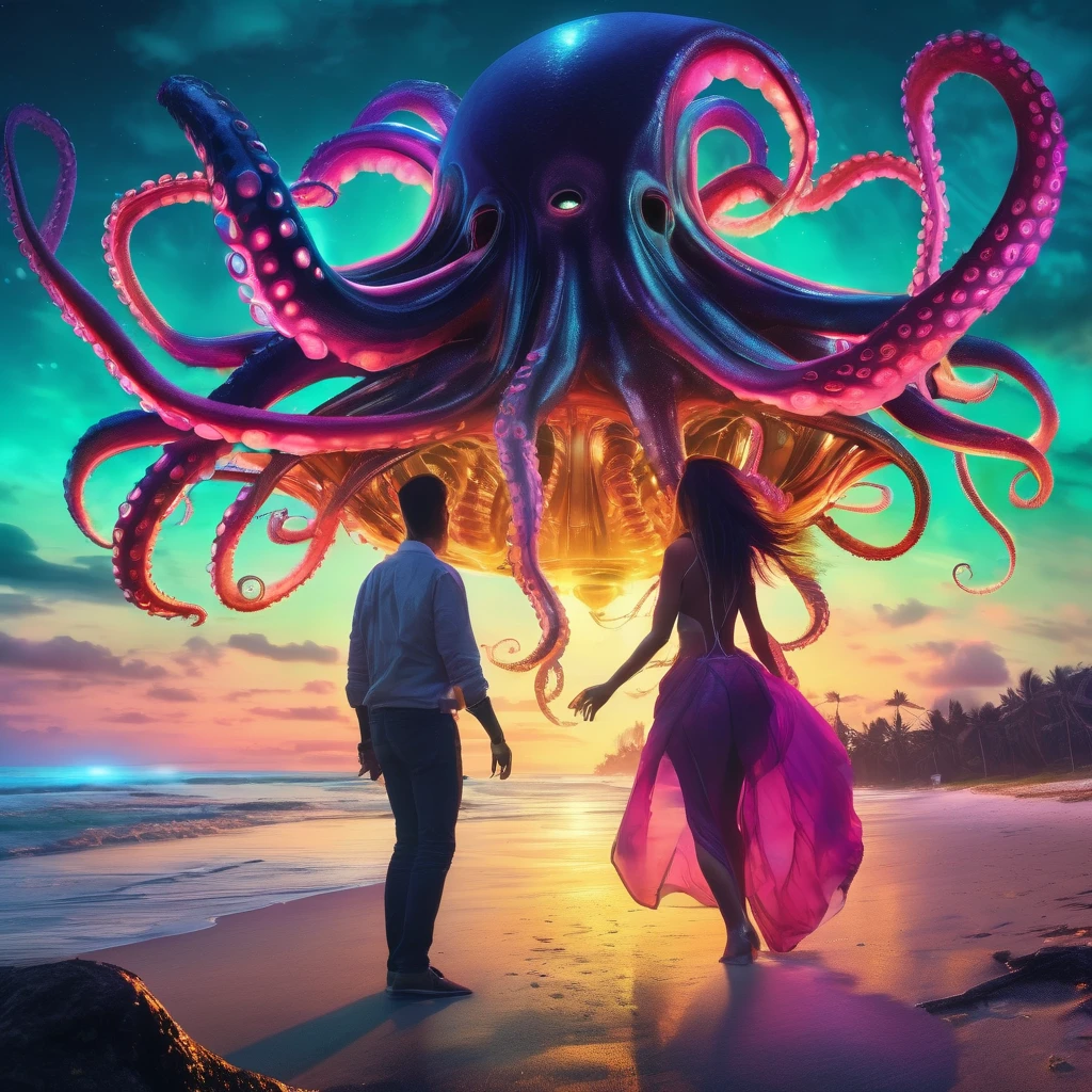 (scifi, horror)"(best quality,4k,highres),
A lovely woman (25, athletic, busty, golden ratio figure, random race, brightly colored hair, dressed appropriate to the scene),awakened rudely [on the beach] (panic and struggle),
A UFO hovers nearby, an neon gelatinous Eldritch tentacle (very large, octopus like, many large tentacles) alien has the woman,
enthusiastically exploring and enveloping her, moving the woman towards the UFO [otherworldly lights] (damsel abduction),
night time beach,
(strong contrast) between darkness and UFO lights"