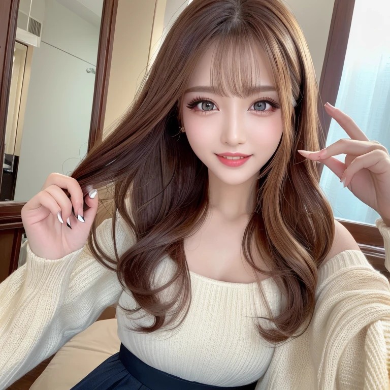 ((highest quality, Tabletop, Ultra-high resolution、The most complex and detailed depiction))、(Very bright lighting:1.1)、(spring-like clothes)、(Beautiful woman:1.1)、(Long Wavy Hair:1.05), (Accurate anatomy:1.1)、Colored contact lenses、Perfect Makeup、、lipstick、Highly saturated eyeshadow、A loose off-the-shoulder knit、Short skirt、blurred background, look at me and smile、Fine dining、(Face close-up:1.1)、(Ultra-high resolution光沢, Fair skin:1.1)、Ultra-high resolutionの顔、Ultra-high resolutionの髪、Ultra-high resolution sparkling eyes、Ultra-high resolution glossy lips、(Brightly lit white skin:1.1)、Beautiful face drawn in every detail、Ultra-high resolution perfect beautiful teeth、(Bright and vivid:1.1), whole body