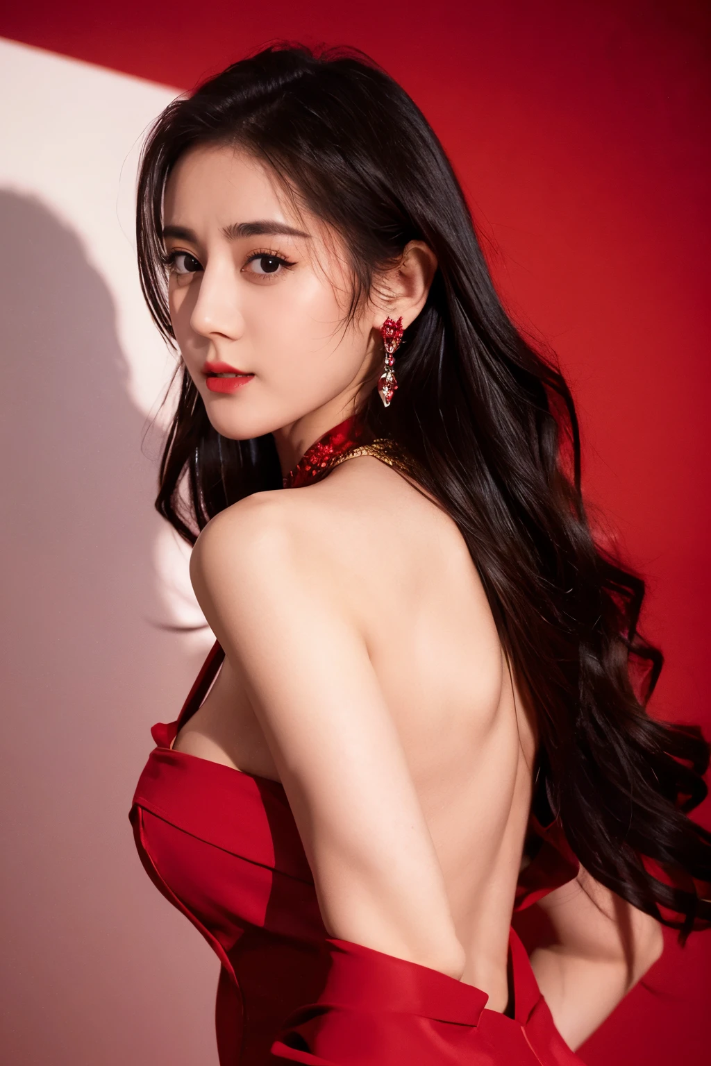 Ultra HD resolution，artistic photos，Photography，21year girl,earrings,long hair,Red background,Black backless dress,necklace,cowboy shot,H cup，Showing cleavage，Expose more breasts，Amazing breast size，Bigger breasts，Smooth and beautiful back，Completely bare back，Cold white skin，Being bullied