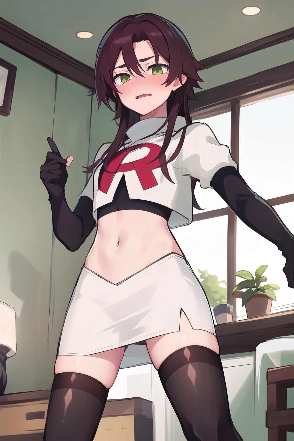 masterpiece, absurdres, Shikanoin Heizou, green eyes,male focus, trap, crossdressing,1boy,team rocket,team rocket uniform,white skirt,red letter R,crop top,black thigh-highs,black elbow gloves, embarrassed, blush