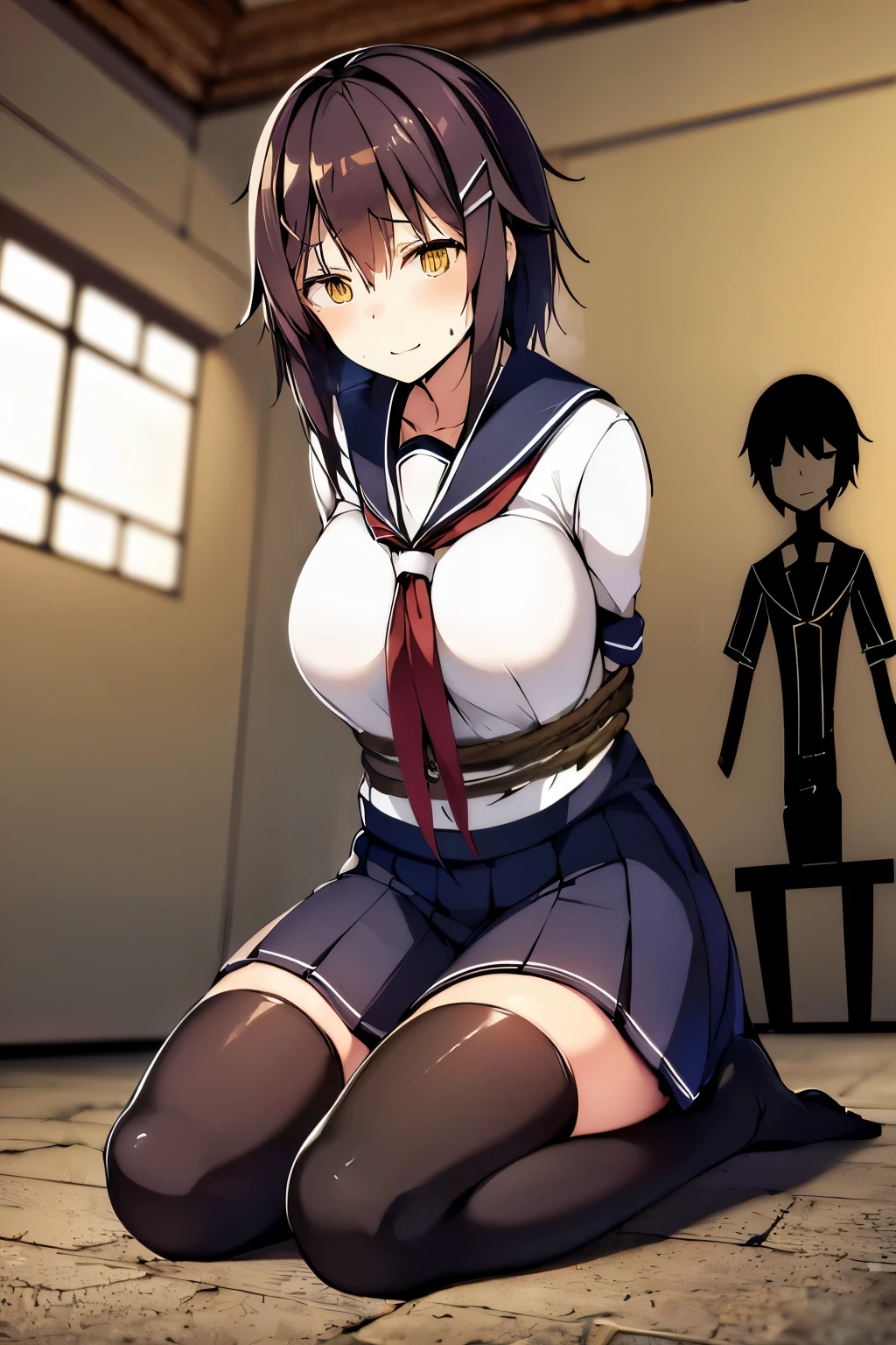 (Best Quality, masutepiece:1.2), 超A high resolution, ((hands tied behind)), ((arms behind back)), (odd eye), ((((gold eye)))), Exquisite details and textures, Dusty air, 1girl in, (((From below))), Detailed face, ((large full breasts)), Brown hair, ((((silver hairpin)))), Short hair, Black tights, ((White shirt)), serafuku, White , Short skirt, hair pin, Black tights, ((seiza)), (Sitting on the knees), Thigh high socks, Shy, blush, closing eye, full of sweat, Ultra Detail, Thighs together, Concrete floors, Concrete walls, in a basement, underground room, Indoors, Surreal, Insanely detailed, Detailed face, extremely detailed texture, wrapped in rope, ((((bondage)))), ((Rope bondage)), ((shibari)), (((((The rope is wrapped around the body many times))))), short_sleeves,