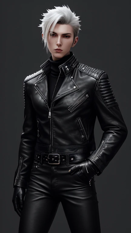 Final Fantasy-style graphics, young, Cute and cool Japanese boys, Thin eyebrows and big eyes,  He is wearing a shiny white single-breasted leather jacket.。., with epaulettes,  The jacket is zipped up, The jacket pockets are black., The jacket has a high stand-up collar with a belt, Also wearing a black turtleneck, black leather pants, Thin black leather gloves on both hands, Black leather knee-high lace-up boots, Head to Toe, Please show me your whole body, Final Fantasy Style、good looking、Clear eyes and nose、((Shiny white single-breasted leather jacket))、((The jacket has epaulettes))、((The jacket has a stand-up collar and a belt))、((The jacket has a black pocket))、((Black turtleneck shirt))、((光沢のあるblack leather pants))、((Shiny black leather gloves on both hands))、((Black lace-up leather long boots))、((Head to Toe表示))、Realistic image quality and texture、In a small cell、close your eyes、A kind smile、((The jacket is closed with a zipper))