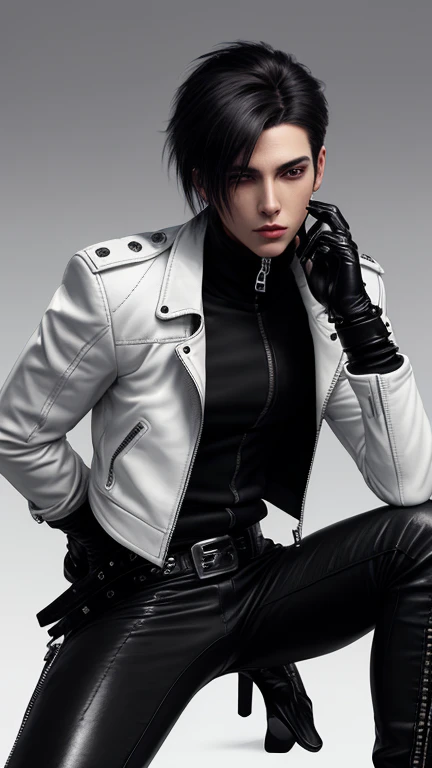 Final Fantasy-style graphics, young, Cute and cool Japanese boys, Thin eyebrows and big eyes, He is wearing a shiny white single-breasted leather jacket.。., with epaulettes, The jacket is zipped up, The jacket pockets are black., The jacket has a high stand-up collar with a belt, Also wearing a black turtleneck, black leather pants, Thin black leather gloves on both hands, Black leather knee-high lace-up boots, Head to Toe, Please show me your whole body, Final Fantasy Style、good looking、Clear eyes and nose、((Shiny white single-breasted leather jacket))、((The jacket has epaulettes))、((The jacket has a stand-up collar and a belt))、((The jacket has a black pocket))、((Black turtleneck shirt))、((光沢のあるblack leather pants))、((Shiny black leather gloves on both hands))、((Black lace-up leather long boots))、((Head to Toe表示))、Realistic image quality and texture、In a small cell、close your eyes、A kind smile、((The jacket is closed with a zipper))