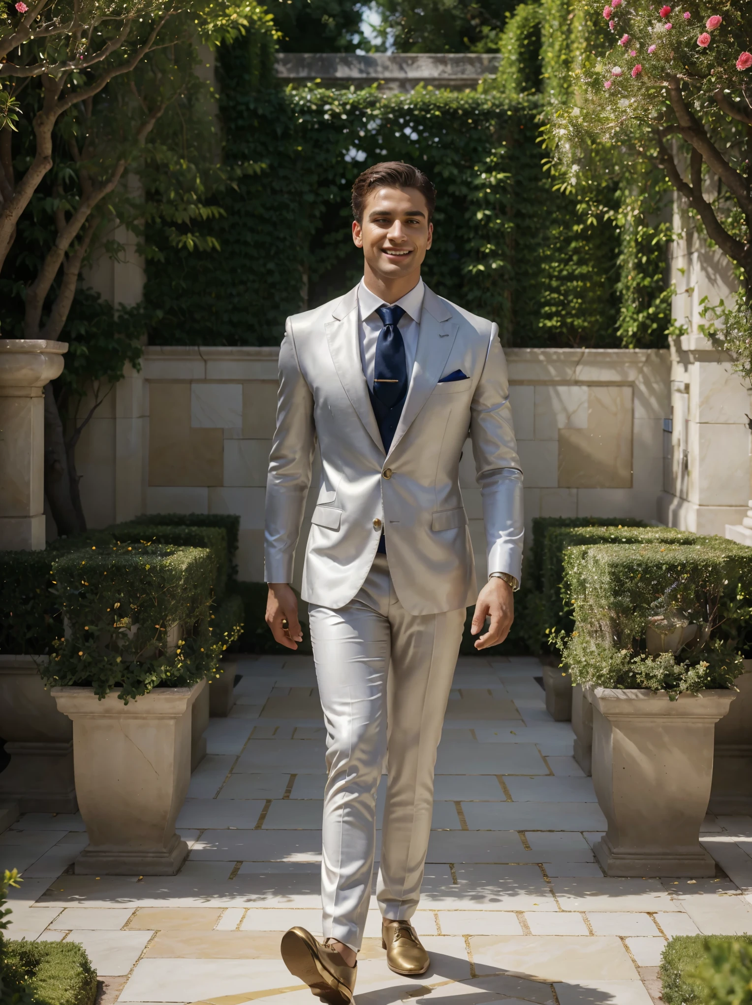 (best quality,4k,8k,highres,masterpiece:1.2),ultra-detailed,(realistic,photorealistic,photo-realistic:1.37),handsome young man,richly dressed,confident expression,well-groomed hair,meticulously detailed facial features,sharp jawline,fierce gaze,expensive suit tailored to perfection,matching tie and pocket square,shiny leather shoes,ornate silver watch on his wrist,strolling leisurely in a luxurious garden,filled with vibrant flowers and lush greenery,background adorned with elegant fountains and classical sculptures,golden sun rays gently illuminating the scene,casting soft shadows,creating a dreamlike atmosphere,in the distance, a majestic mansion with exquisite architectural design and impeccable landscaping,whispering the epitome of wealth and success,reflecting in the sparkling marble flooring of the garden,pathway adorned with rose petals leading to a beautifully set table,lavish feast displayed with an abundance of delicious delicacies,bottles of aged wine and champagne carefully arranged on the table,celebrating the young man's achievements and brilliance,attendants dressed in immaculate uniforms,gracefully serving the guests with impeccable manners,laughter and cheerful conversations filling the air,creating an aura of opulence and celebration,vibrant color palette,with a dominant combination of royal blue and gold accents,creating an air of sophistication and grandeur,aesthetic reminiscent of Renaissance paintings and opulent baroque sculptures,creating a visual masterpiece with a fusion of opulence, success, and artistic brilliance.
