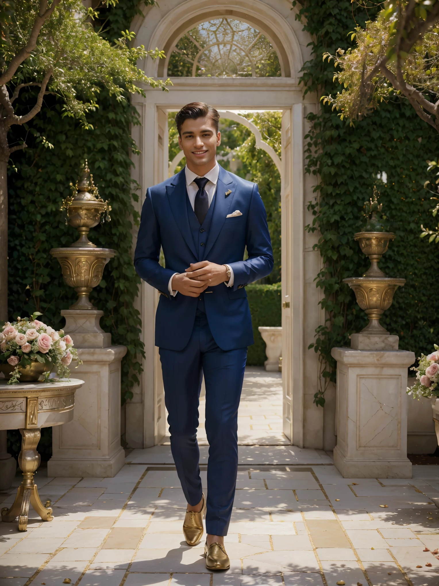 (best quality,4k,8k,highres,masterpiece:1.2),ultra-detailed,(realistic,photorealistic,photo-realistic:1.37),handsome young man,richly dressed,confident expression,well-groomed hair,meticulously detailed facial features,sharp jawline,fierce gaze,expensive suit tailored to perfection,matching tie and pocket square,shiny leather shoes,ornate silver watch on his wrist,strolling leisurely in a luxurious garden,filled with vibrant flowers and lush greenery,background adorned with elegant fountains and classical sculptures,golden sun rays gently illuminating the scene,casting soft shadows,creating a dreamlike atmosphere,in the distance, a majestic mansion with exquisite architectural design and impeccable landscaping,whispering the epitome of wealth and success,reflecting in the sparkling marble flooring of the garden,pathway adorned with rose petals leading to a beautifully set table,lavish feast displayed with an abundance of delicious delicacies,bottles of aged wine and champagne carefully arranged on the table,celebrating the young man's achievements and brilliance,attendants dressed in immaculate uniforms,gracefully serving the guests with impeccable manners,laughter and cheerful conversations filling the air,creating an aura of opulence and celebration,vibrant color palette,with a dominant combination of royal blue and gold accents,creating an air of sophistication and grandeur,aesthetic reminiscent of Renaissance paintings and opulent baroque sculptures,creating a visual masterpiece with a fusion of opulence, success, and artistic brilliance.