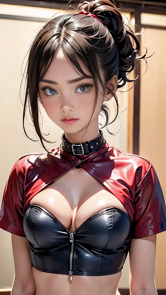 From below,Troubled face,BDSM,slave,Upper Body,Shiny,Red Leather,Red Corset,bondage,collar,Browsing Caution,((highest quality, 8k, masterpiece: 1.3)), Sharp focus: 1.2, (Layered Cut, big: 1.2),Beautiful woman with perfect figure: 1.4, Slim Abs: 1.2, Wet body: 1.5, Highly detailed face and skin texture, Fine grain, double eyelid, rope, , stud, big, Angry Eyes, Sharp eyes, with a whip in hand