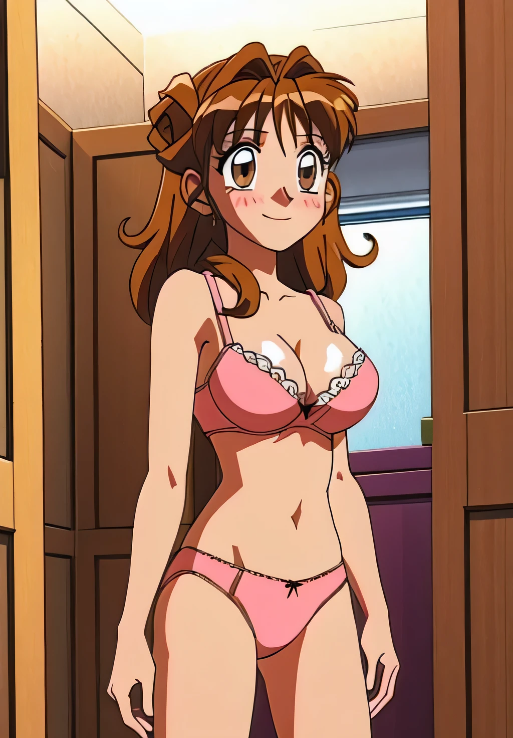 Maron,(((underwear))),(((Pink Bra))),pupil_Brown,blush,Embarrassing,smile,locker room,Maron_Change clothes,masterpiece, expensive quality, very_expensive_solve, big_file size, Full Color,