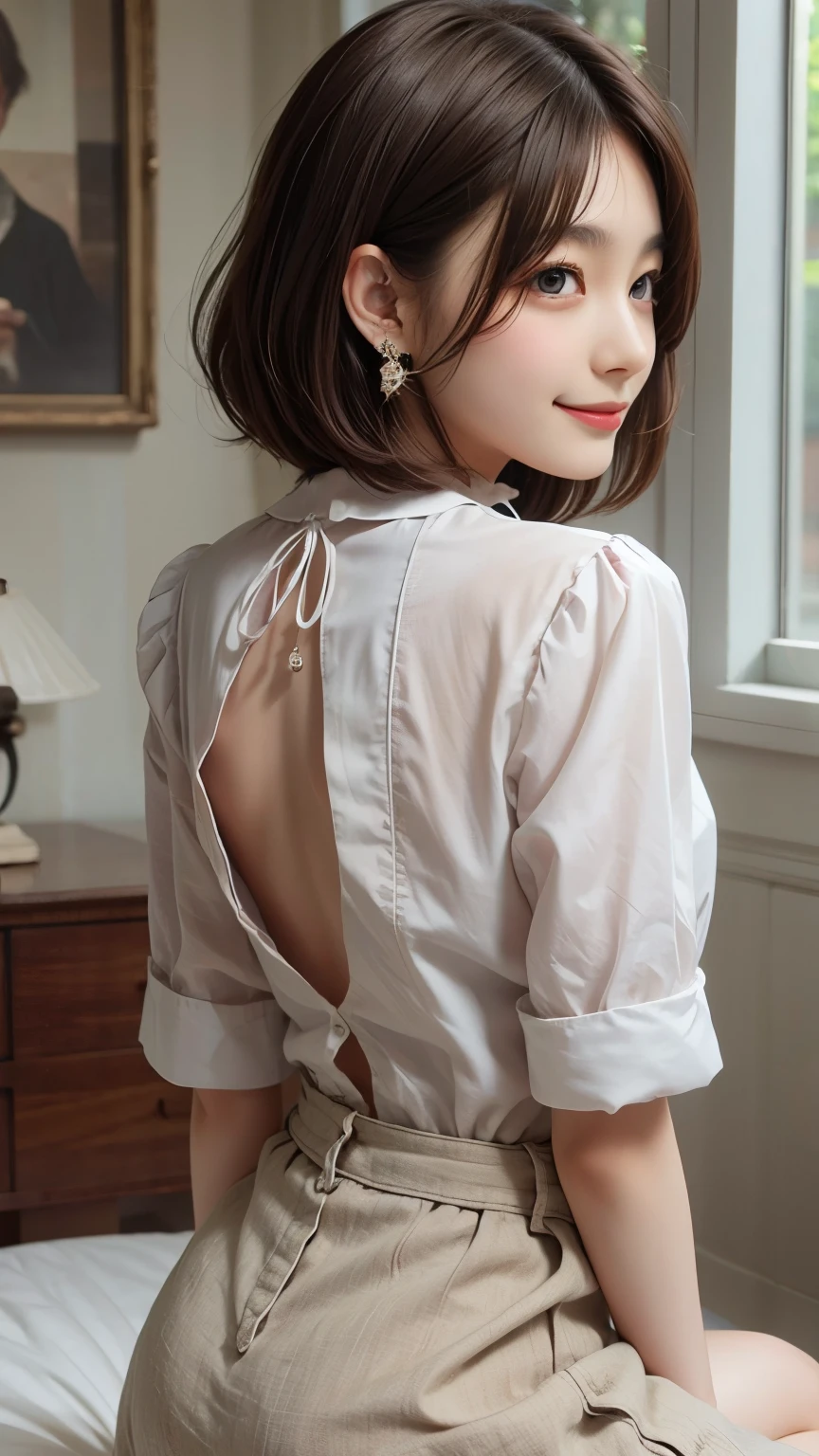 master piece , best quality , detailed , woman , blouse, skirt , sitting , from back , bed room , indoor, extra short hair, sidelocks-hair, smiling face, earrings, necklace