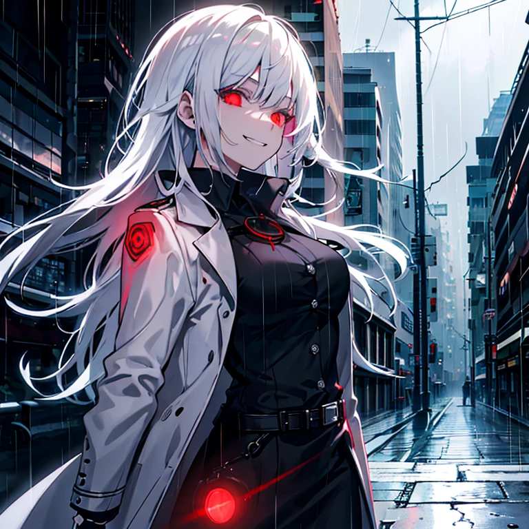 Hd, white hair anmie girl , black shirt, oversized overcoat, dark city background, raining, red glowing eye, creepy smile,stained with blod, dramatic light,sad mood,