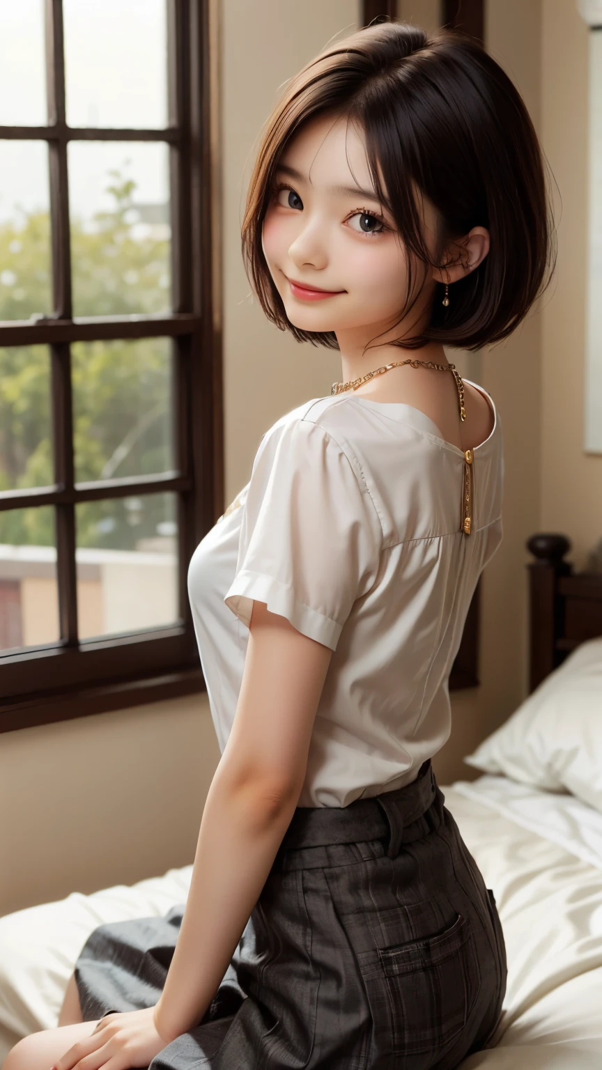 master piece , best quality , detailed , woman , blouse, skirt , sitting , from back , bed room , indoor, extra short hair, sidelocks-hair, smiling face, earrings, necklace