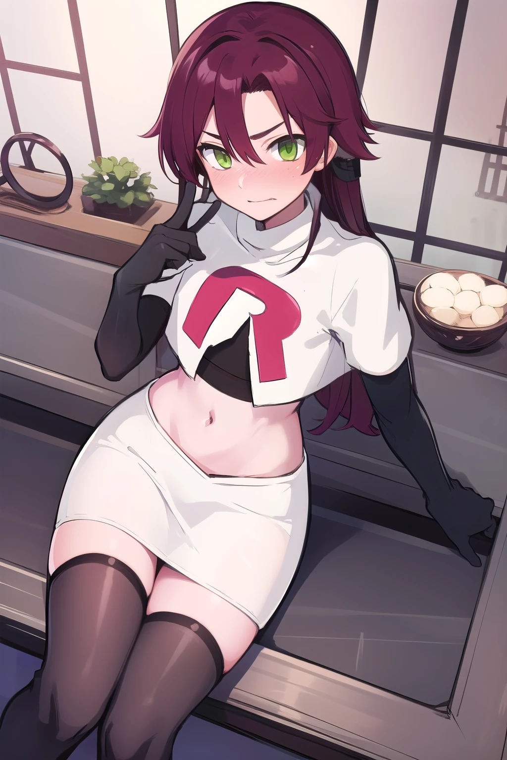 masterpiece, absurdres, Shikanoin Heizou, green eyes,male focus, trap, crossdressing,1boy,team rocket,team rocket uniform,white skirt,red letter R,crop top,black thigh-highs,black elbow gloves, embarrassed, blush