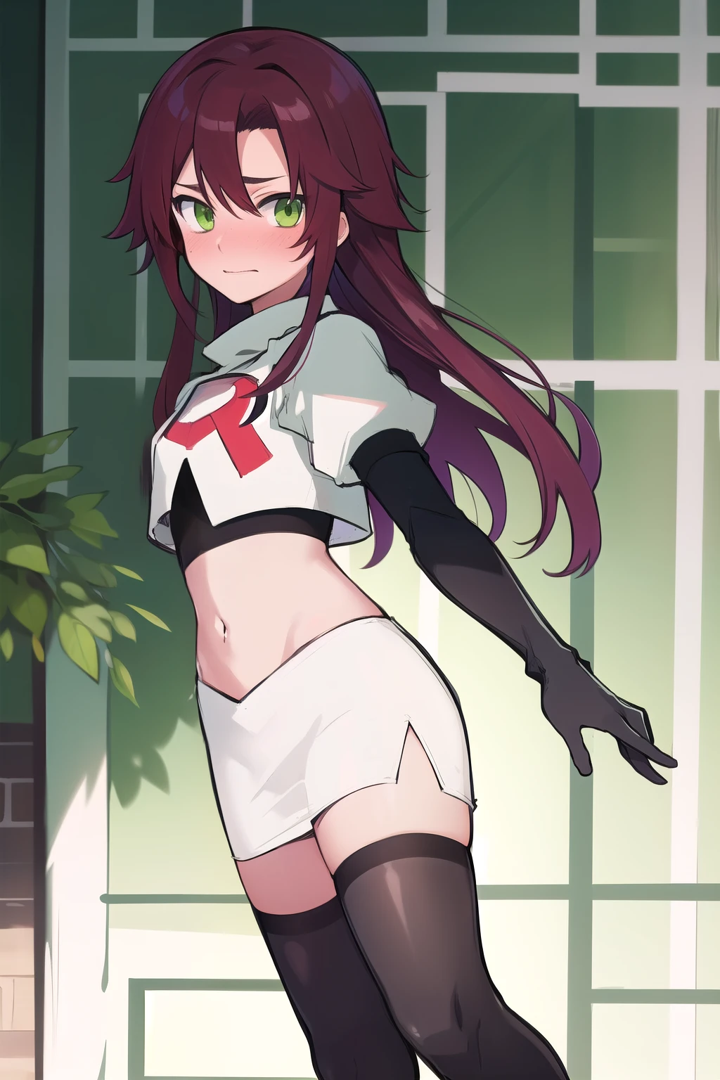 masterpiece, absurdres, Shikanoin Heizou, green eyes,male focus, trap, crossdressing,1boy,team rocket,team rocket uniform,white skirt,red letter R,crop top,black thigh-highs,black elbow gloves, embarrassed, blush