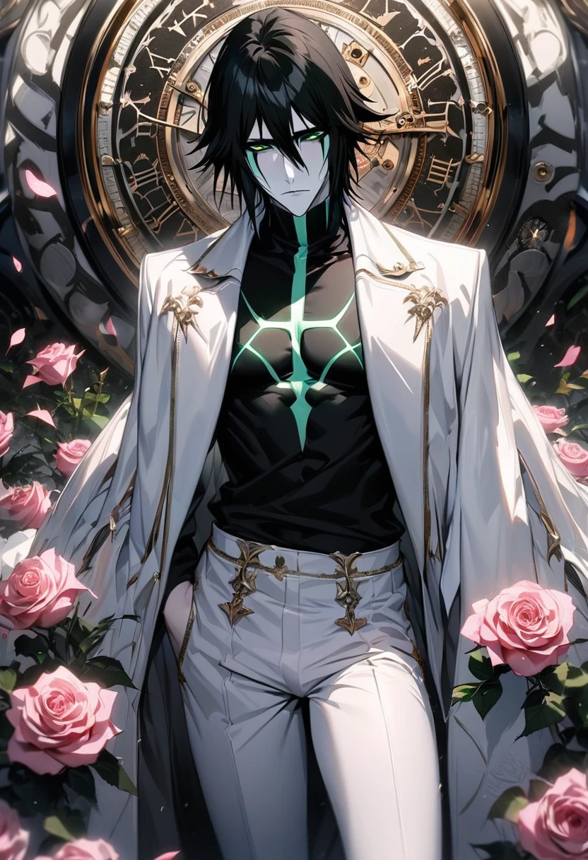absurdres, highres, ultra detailed, HDR, masterpiece, extremely detailed face and eyes, perfect face, Ulquiorra Cifer, black hair, hair between the eyes, expressive green eyes, pale skin, Bleach, solo, sexy man, handsome, white coat, tight black shirt, white pants, patterns, pink roses, petals, in woderland, clock