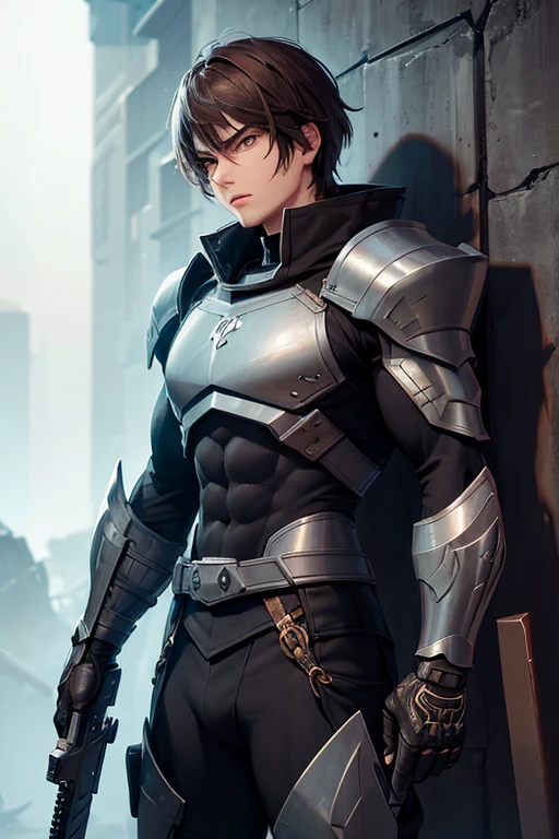 A hero, with gun, with armor, futuristic, post-cataclysm, strong, tired of battles, vibrant eyes, symmetrical face, great quality, perfect shape, detailed. (with magic sword), (black sword), green eyes, brown hair, bodybuilder.