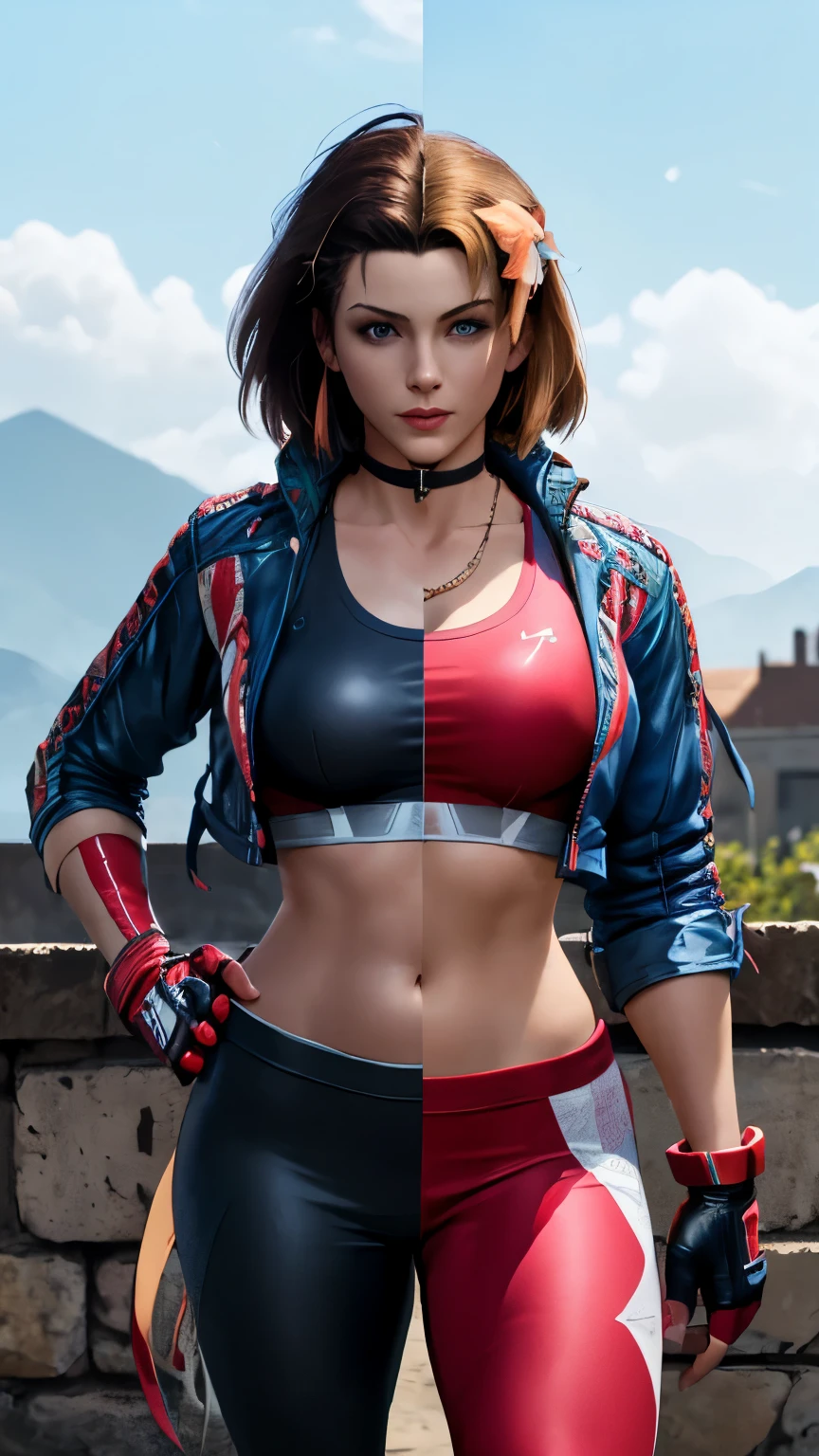 (Highly detailed, masterpiece, highly resolutions, highly quality,) fire background, ice background, 2girl, Line between the middle, Split Colored jacket, split skin tone, {{{SplitScreen, split screen, BREAK azucena from tekken, brown hair, hair ornament, gloves, navel, jewelry, black jacket, flower, red midriff, red pants, hair flower, fingerless gloves, necklace, open jacket, crop top, dark skin, dark-skinned female, red midriff, red Sport bra}}},
((SplitScreen, split screen, BREAK cammy white, short hair, antenna hair, blue eyes, scar on cheek, large breasts, black choker, collarbone, blue jacket, cropped jacket, open jacket, blue sports bra, black midriff, fingerless gloves, black gloves, black pants, Blonde hair, Long hair, peach skin, peach-skinned female))