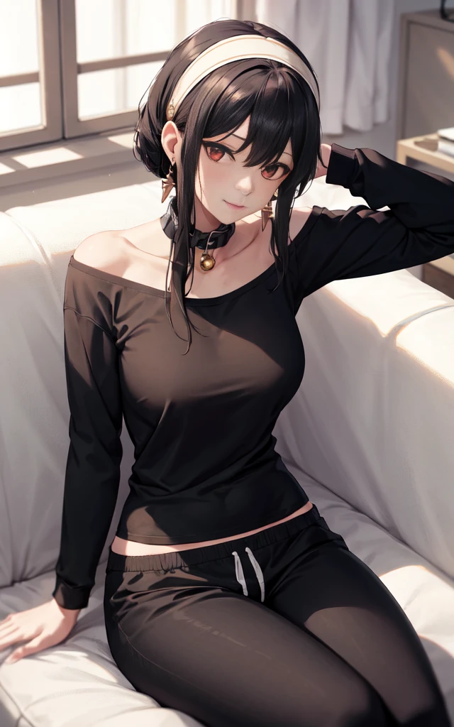 yor forger yor briar,spyxfamily, madsterpiece), black tshirt, tight shirt, baggy sweatpants, sweatpants, cleavege, single shoulder stop, off shoulder, collar bone, white headband, gold earrings, natural makeup, staring at viewer, sitting on couch, bare neck, neck, slight smile, grey sweat pants