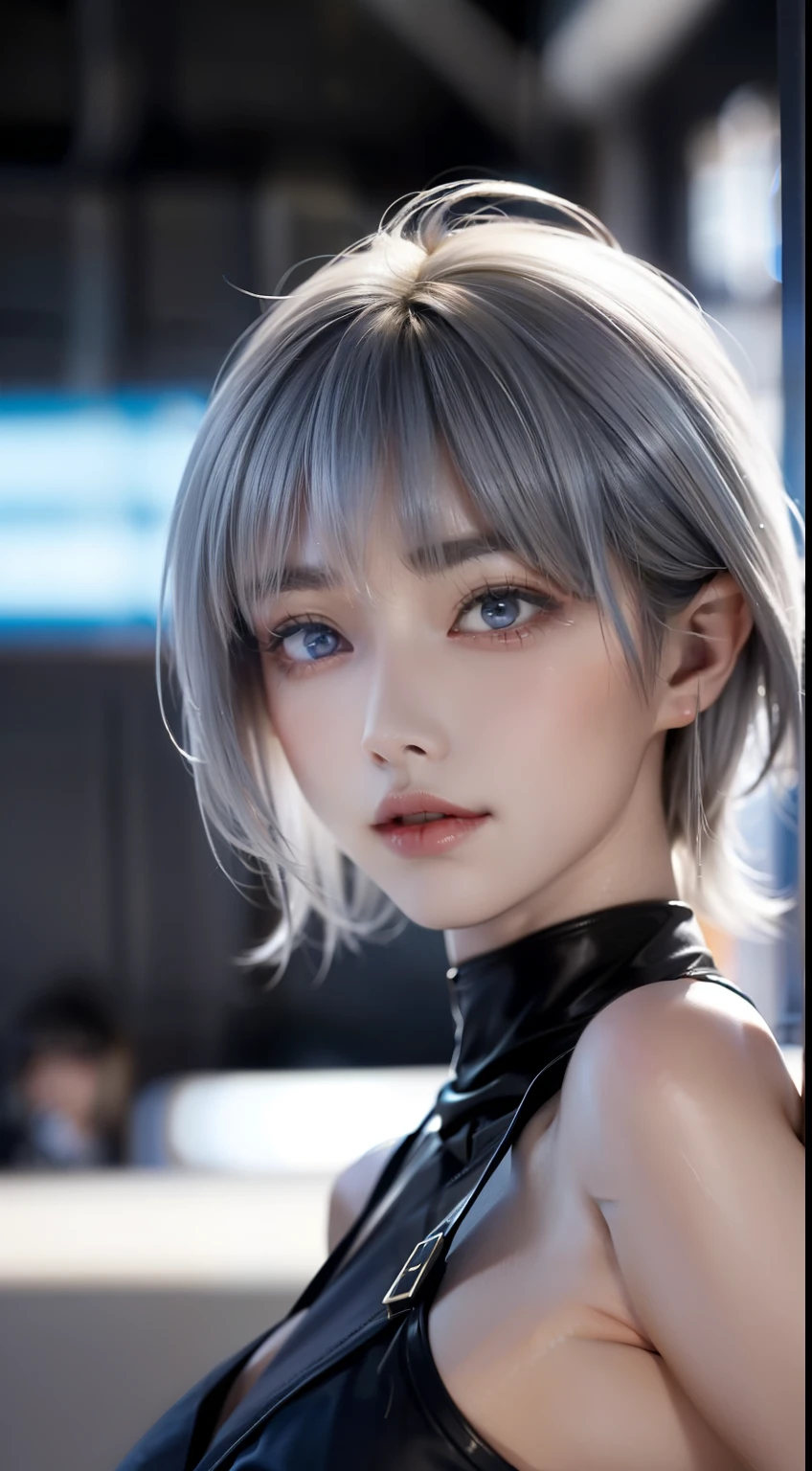 Tabletop, highest quality, night, Outdoor, 1 female, 灰色のblue eyes, Fluorescent light pink lips, cold, Severe, Sky blue, small胸,  Fascinating face、 Realistic beauty、(blue eyes: 0.8), Beautiful adult face, Soft Volume Light, (Backlight: 1.3), (Cinematic: 1.3), Intricate details, (station: 1.3), ((Light and dark blue-gray hair:1.5、Pixie short hair:1.5、amount))、薄くthin伊達メガネ、short、small、 thin, cumin ,Very Short Straight Hair, Glasses , Turtleneck shirt、skin、Stiletto Sandals、Beautiful feet、garter belt、((Big Breasts、smallお尻))、(fullshot: 1.5), (Light Intensity:-0.8)、Sparkling eyes、