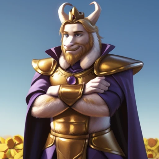 asgore, plump, bara, (pose:1.3), (posing:1.3), (soft shading), 4k, hi res, five fingers, detailed hands, ((detailed face, (detailed eyes:1.0), detailed)), (full body), by zackarry911, by zaush, (by personalami:0.5), standing, full body, male focus, cape, armor, no humans, crown, shoulder armor, flower field, flower, smile, crossed arms