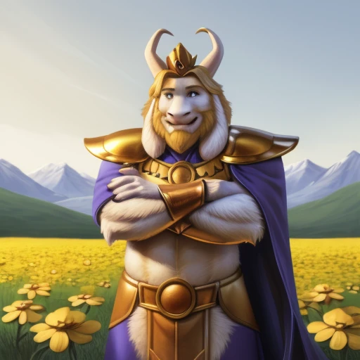 asgore, plump, bara, (pose:1.3), (posing:1.3), (soft shading), 4k, hi res, five fingers, detailed hands, ((detailed face, (detailed eyes:1.0), detailed)), (full body), by zackarry911, by zaush, (by personalami:0.5), standing, full body, male focus, cape, armor, no humans, crown, shoulder armor, flower field, flower, smile, crossed arms