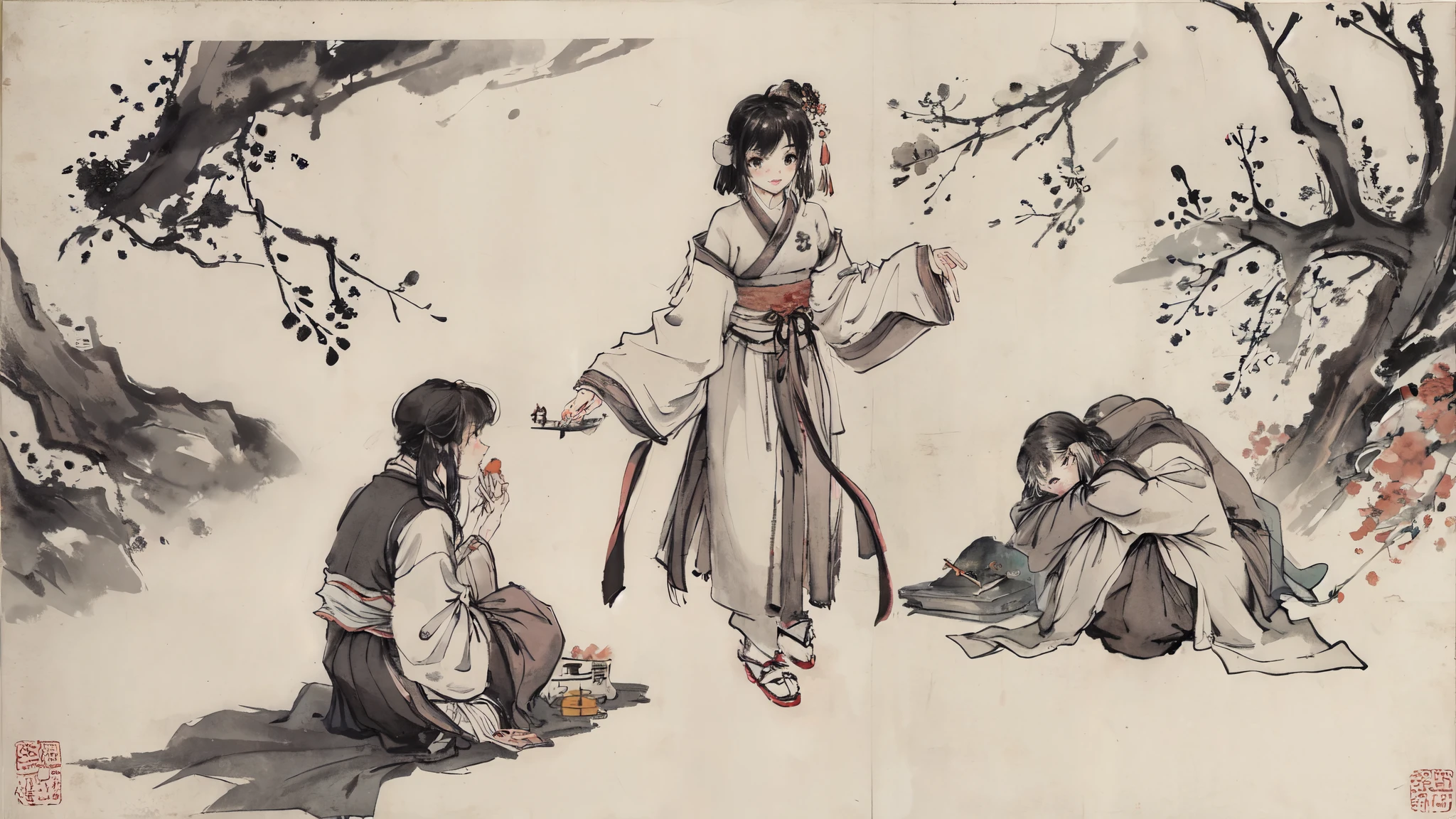 (masterpiece, best quality: 1.2), Traditional Chinese ink painting, One person gives food to another person sitting down