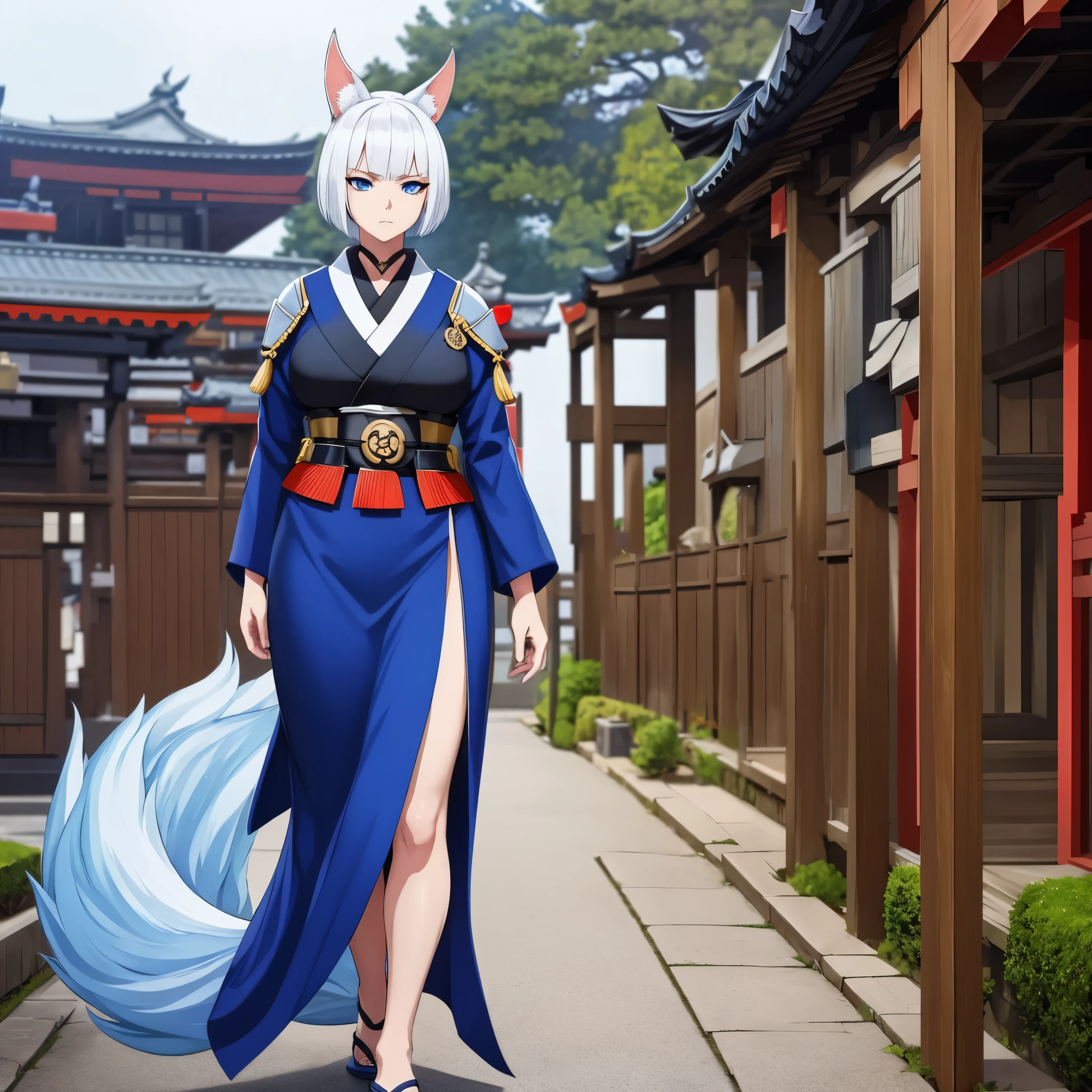 A woman wearing a samurai kimono with blue details, short white hair, blue eyes, kitsune ears, serious face, kitsune tail, multi-tail, large breasts, walking in a courtyard of a Japanese castle.,HDR, ultra resolution, well defined, masterpiece, 8K HD. (solo woman)
