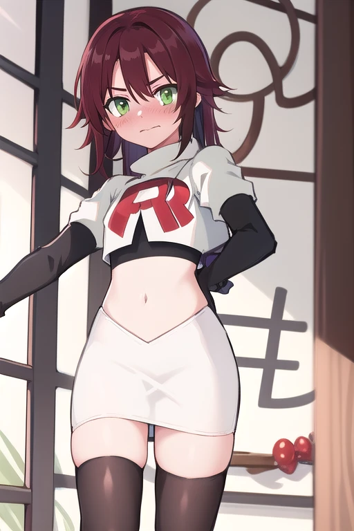 masterpiece, absurdres, Shikanoin Heizou, green eyes,male focus, trap, crossdressing,1boy,team rocket,team rocket uniform,white skirt,red letter R,crop top,black thigh-highs,black elbow gloves, embarrassed, blush