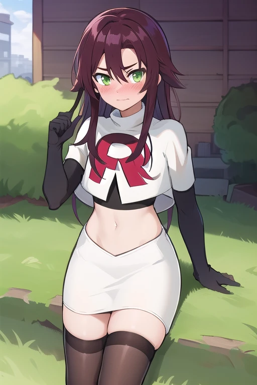 masterpiece, absurdres, Shikanoin Heizou, green eyes,male focus, trap, crossdressing,1boy,team rocket,team rocket uniform,white skirt,red letter R,crop top,black thigh-highs,black elbow gloves, embarrassed, blush