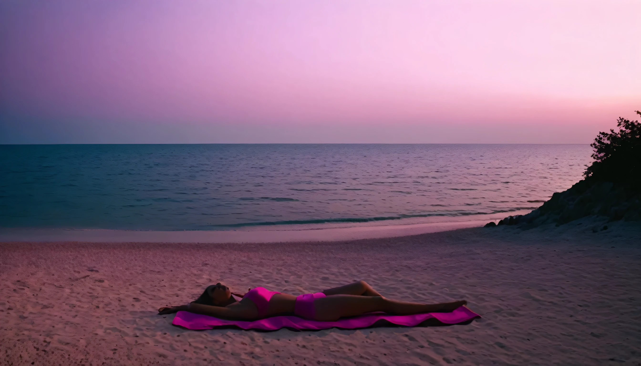 a woman lying on a beach, wide shot, low shot, overlooking the sea, from looking towards the beach, volumetric lighting, lush landscape, pink shade in the evening, cinematic, landscape photography, zoom out, 