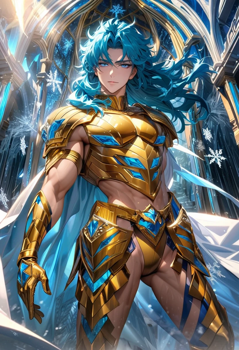 Ultra detailed, highres, absurdres, HDR, Camus, turquoise long hair, navy blue eyes, golden armor, white cape, Saint Seiya, sexy man, solo, handsome, very detailed face and eyes, ice, snowflakes, sanctuary, aquarius, toned chest, golden gloves,