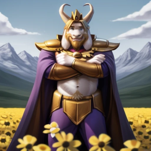 asgore, plump, bara, (pose:1.3), (posing:1.3), (soft shading), 4k, hi res, five fingers, detailed hands, ((detailed face, (detailed eyes:1.0), detailed)), (full body), by zackarry911, by zaush, (by personalami:0.5), standing, full body, male focus, cape, armor, no humans, crown, shoulder armor, flower field, flower, smile, crossed arms, bulge