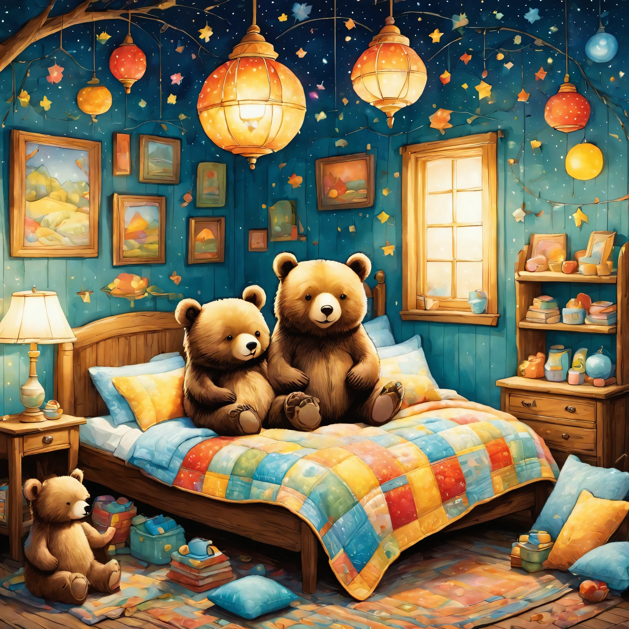 cuteAn illustrationクマの家,bear family:animal:hibernating:cute:Nestle:Sleep:comfortable and warm:looks happy,An illustration,pop,colorfulに,draw with thick lines,color,dim,Lamp light,hibernatingのbear familyが眠っています:dream happy dreams,The house is warm and full of happiness,,colorful,Fancy,Fantasy,patchwork:quilt,detailed details,fluffy,Randolph Caldecott Style