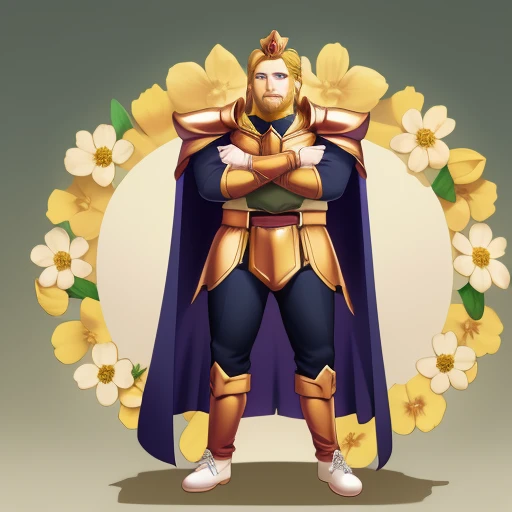 asgore, plump, bara, (pose:1.3), (posing:1.3), (soft shading), 4k, hi res, five fingers, detailed hands, ((detailed face, (detailed eyes:1.0), detailed)), (full body), by zackarry911, by zaush, (by personalami:0.5), standing, full body, male focus, cape, armor, no humans, crown, shoulder armor, flower field, flower, smile, crossed arms, massive bulge