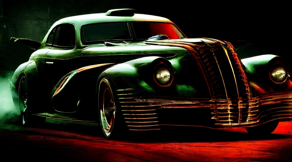 arafed image of a car with a skull on the front grill, sinister and stylish, vampire, the creature sits in a car, sinister looking, villian, evil villain, wraith, bladerunner car, l vampire, sinister, with cool headlights, black car, badass batmobile car design, menacing!, anonymous as a car, sinister lighting