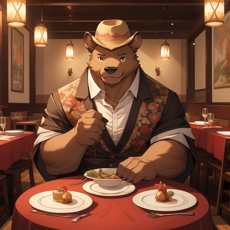 Male capibara, donning a large sombrero hat, leisurely sits in a cozy restaurant setting. The intricately detailed capybara's body is adorned with lush, brown fur. His delicate, expressive eyes peek out from underneath the brim of the hat, scanning the room with a contented expression. The highest quality, masterpiece rendering presents the capibara's detailed face and body in sharper focus, with a bright, welcoming ambiance surrounding him. The restaurant's background details are equally detailed, from the elegant table setting to the artful wall decorations. By artistname1, by artistname2. Realism and dramatic elements imbue