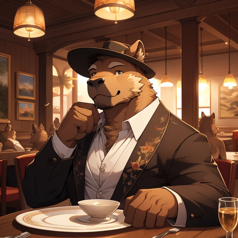 Male capibara, donning a large sombrero hat, leisurely sits in a cozy restaurant setting. The intricately detailed capybara's body is adorned with lush, brown fur. His delicate, expressive eyes peek out from underneath the brim of the hat, scanning the room with a contented expression. The highest quality, masterpiece rendering presents the capibara's detailed face and body in sharper focus, with a bright, welcoming ambiance surrounding him. The restaurant's background details are equally detailed, from the elegant table setting to the artful wall decorations. By artistname1, by artistname2. Realism and dramatic elements imbue