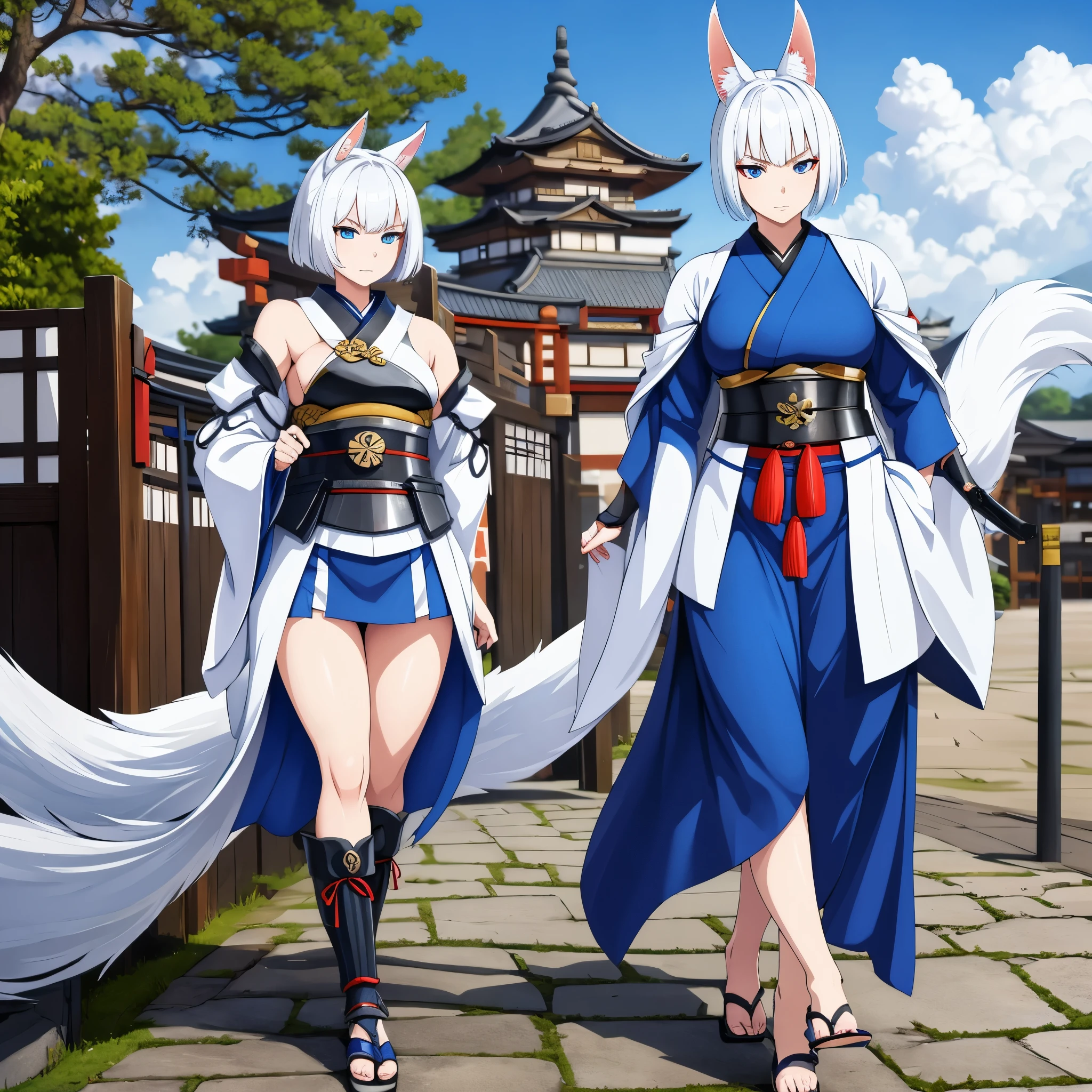 A woman wearing a samurai kimono with blue details, short white hair, blue eyes, kitsune ears, serious face, kitsune tail, multi-tail, large breasts, walking in a courtyard of a Japanese castle.,HDR, ultra resolution, well defined, masterpiece, 8K HD. (solo woman)
